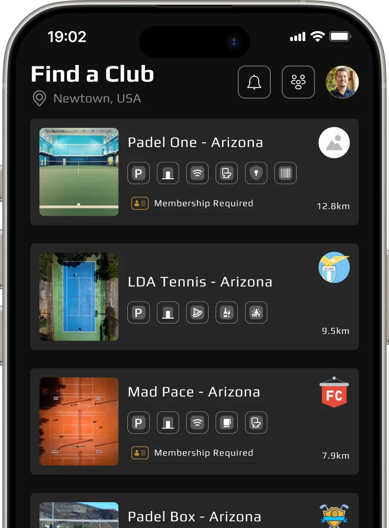 CourtPro padel app showing court booking and open matches