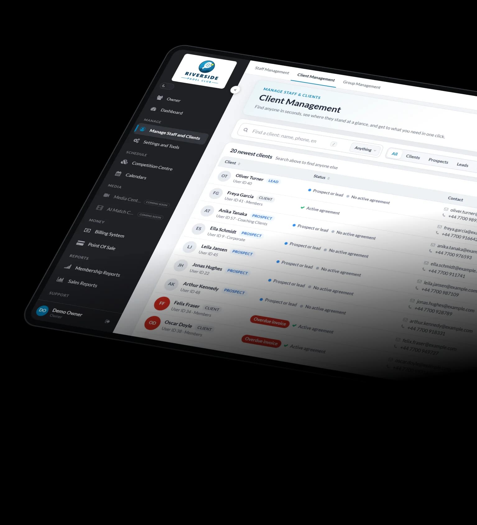 CourtPro Client Management: a club's members, prospects, agreements and overdue invoices